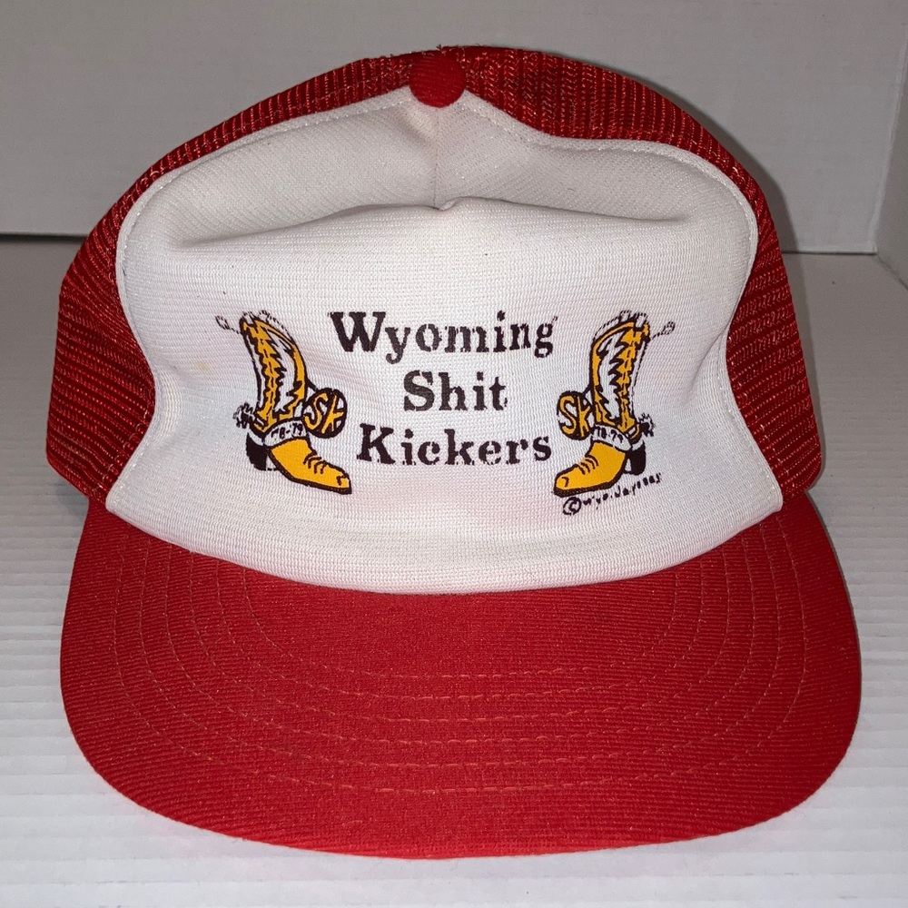 Vintage Wyoming Trucker Hat SnapBack Red & White with Graphic Boots and Slogan